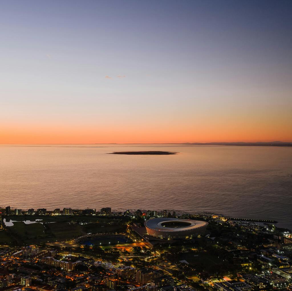 Aerial twilight view of Cape Town city.