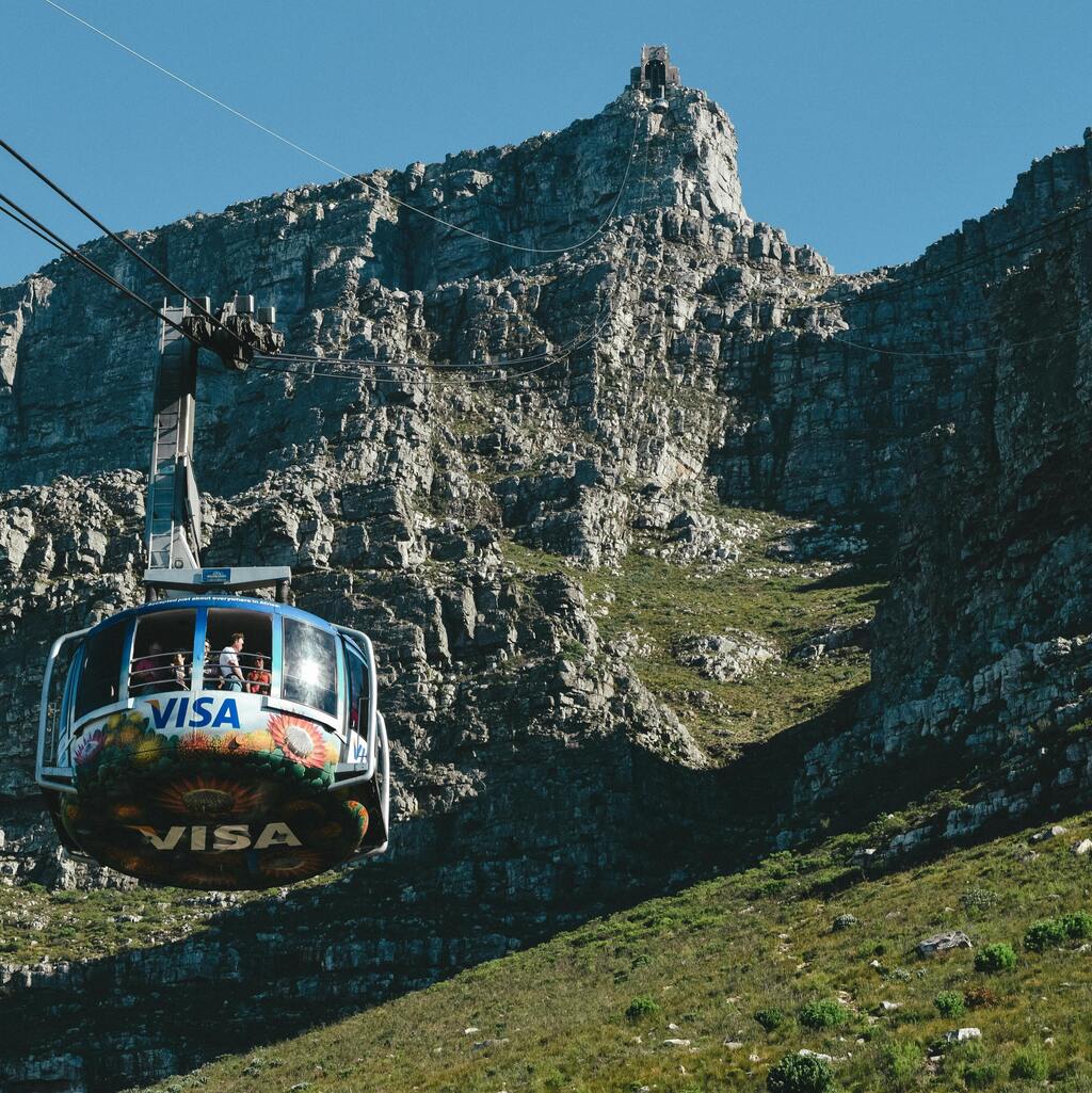 Cable car ascending Table Mountain in Cape Town.