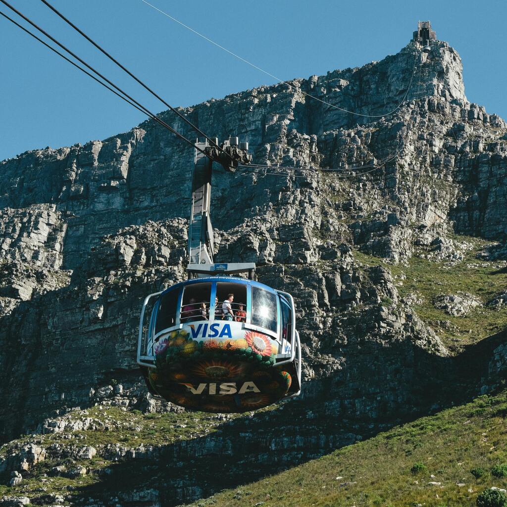 Cable car ascending Table Mountain in Cape Town.