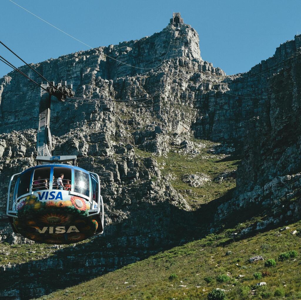 Table Mountain covered in clouds with the city beneath it and red and white flowers in the forefront.