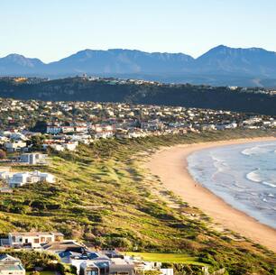 Table Mountain covered in clouds with the city beneath it and red and white flowers in the forefront.