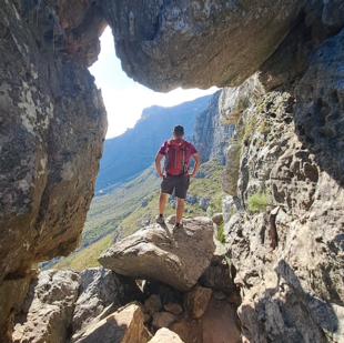 Table Mountain covered in clouds with the city beneath it and red and white flowers in the forefront.
